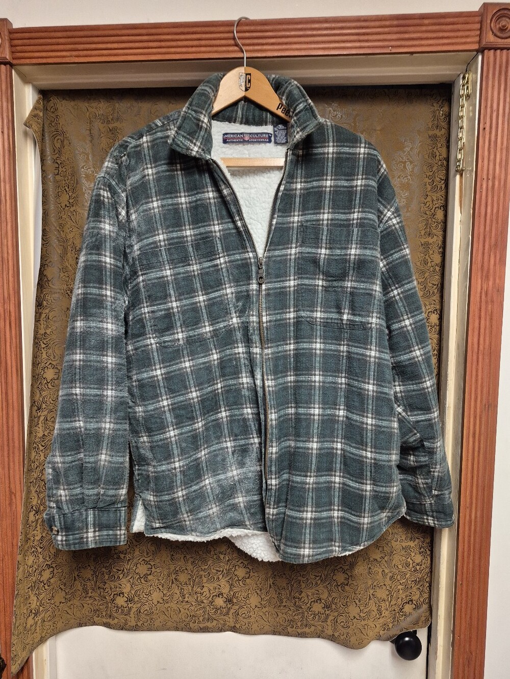 American Culture Dark Green Plaid Sherpa-Lined Zip Jacket